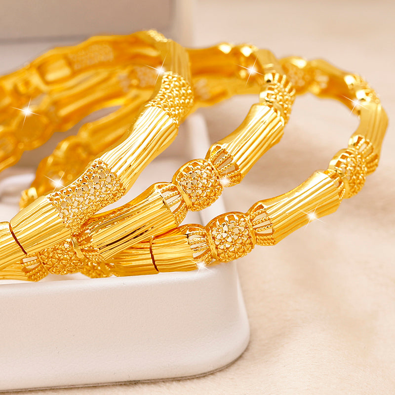 Textured Bamboo Joint Gold Plated Bangle Set – Deluxe Statement Bracelets.