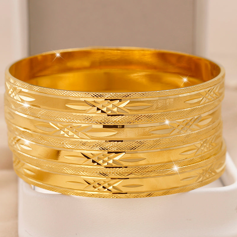 24K Gold Plated Stackable Bangles, Diamond-Cut Engraved Statement Bracelet Sets.