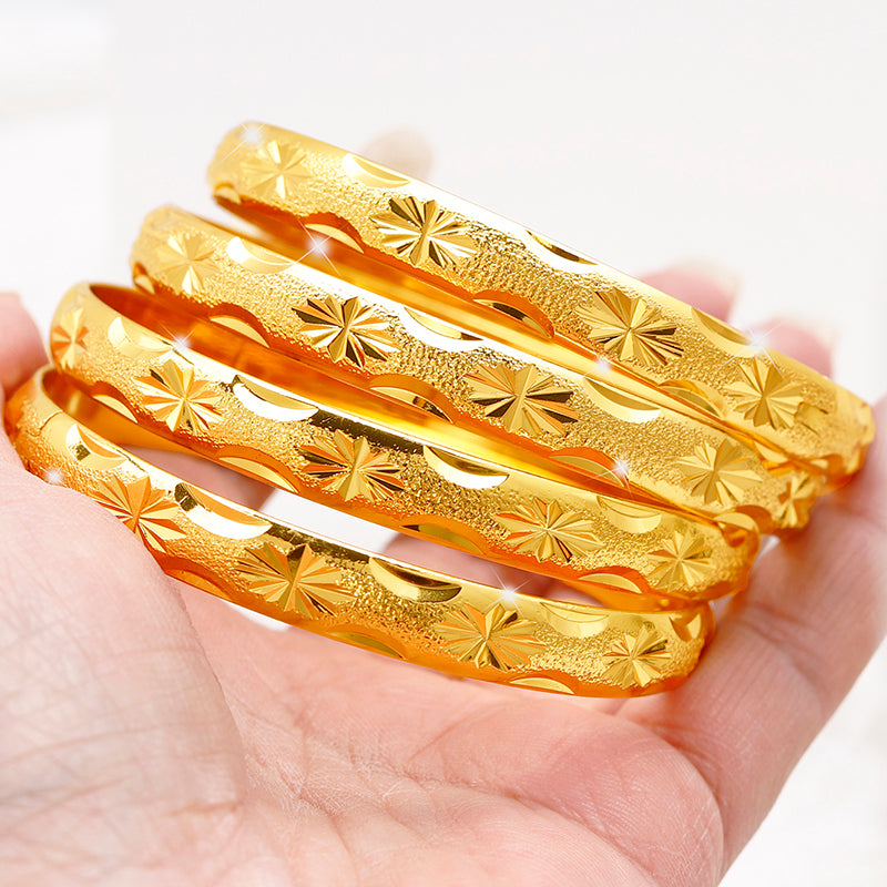 24K Gold Plated Stackable Bangles, Diamond-Cut Engraved Statement Bracelet Sets.