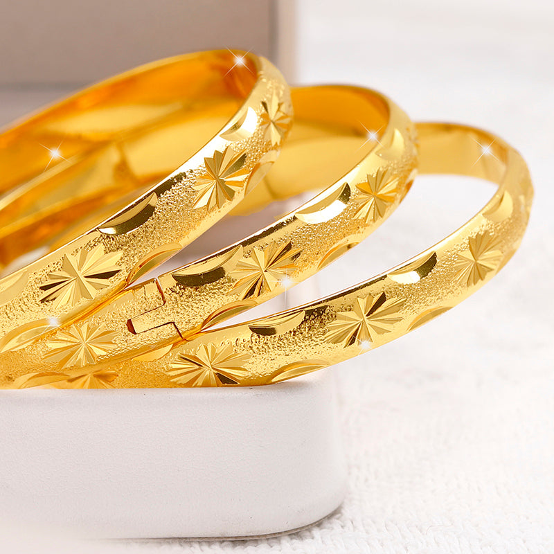 24K Gold Plated Stackable Bangles, Diamond-Cut Engraved Statement Bracelet Sets.