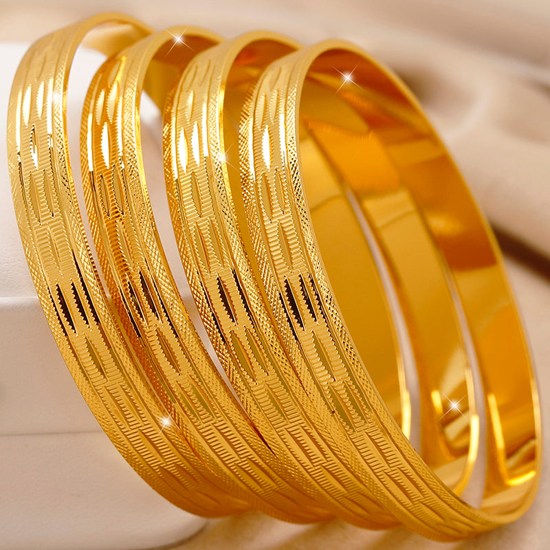 24K Gold Plated Stackable Bangles, Diamond-Cut Engraved Statement Bracelet Sets.