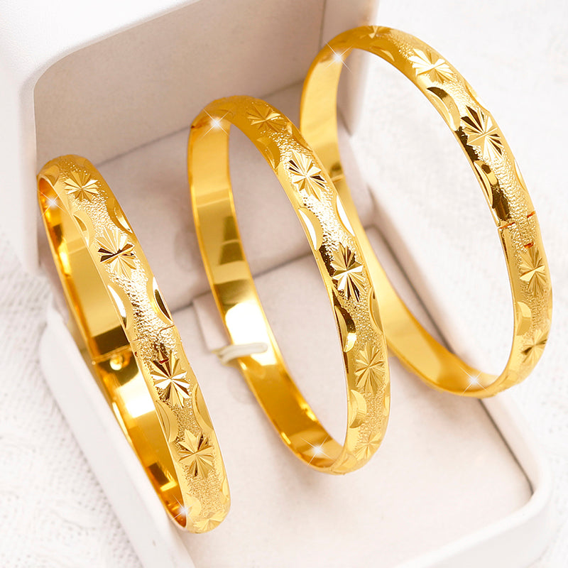 24K Gold Plated Stackable Bangles, Diamond-Cut Engraved Statement Bracelet Sets.
