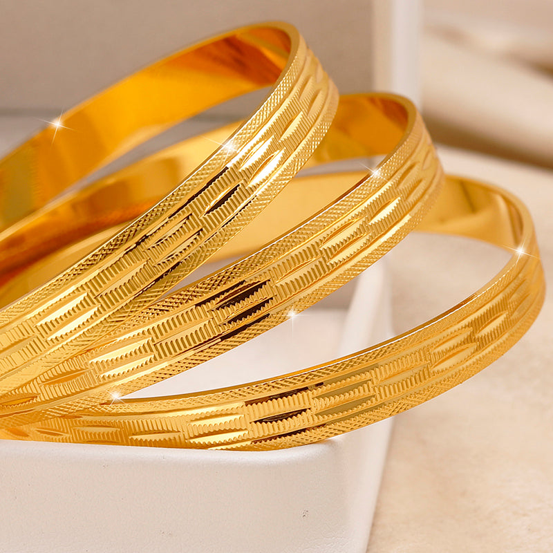 24K Gold Plated Stackable Bangles, Diamond-Cut Engraved Statement Bracelet Sets.