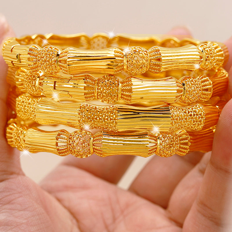 Textured Bamboo Joint Gold Plated Bangle Set – Deluxe Statement Bracelets.