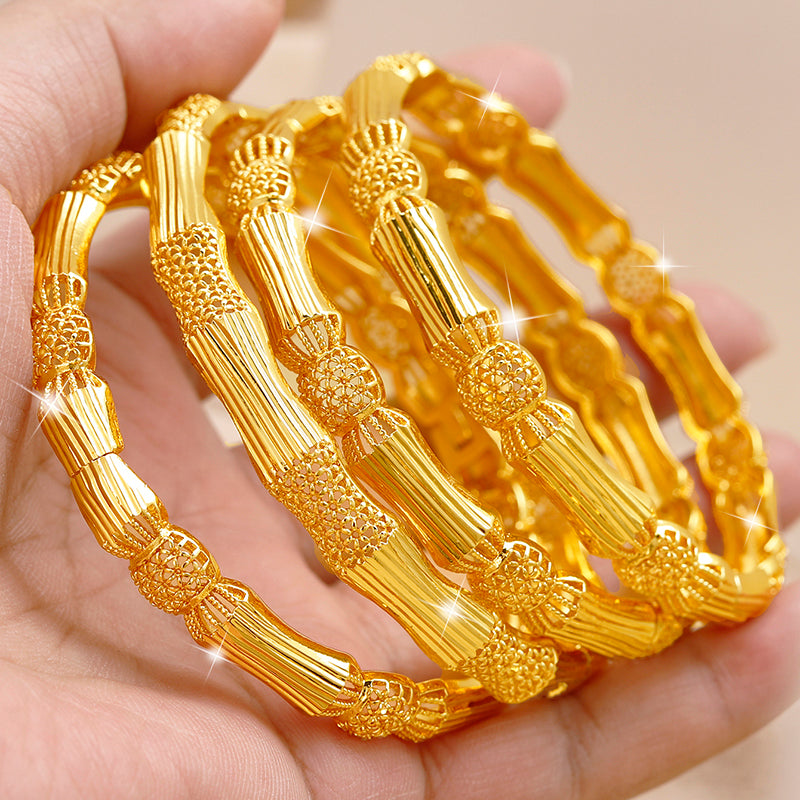 Textured Bamboo Joint Gold Plated Bangle Set – Deluxe Statement Bracelets.
