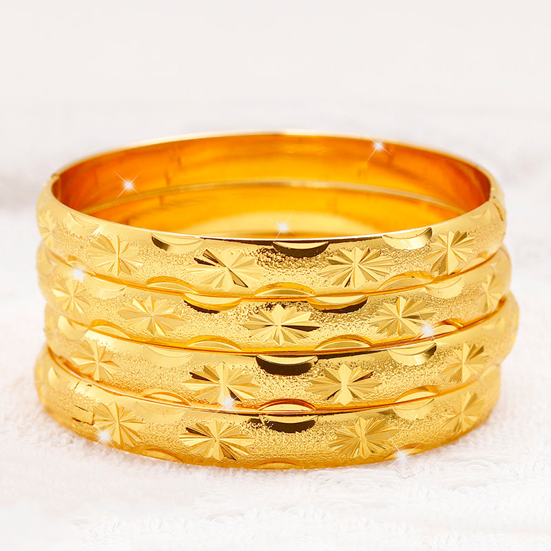 24K Gold Plated Stackable Bangles, Diamond-Cut Engraved Statement Bracelet Sets.