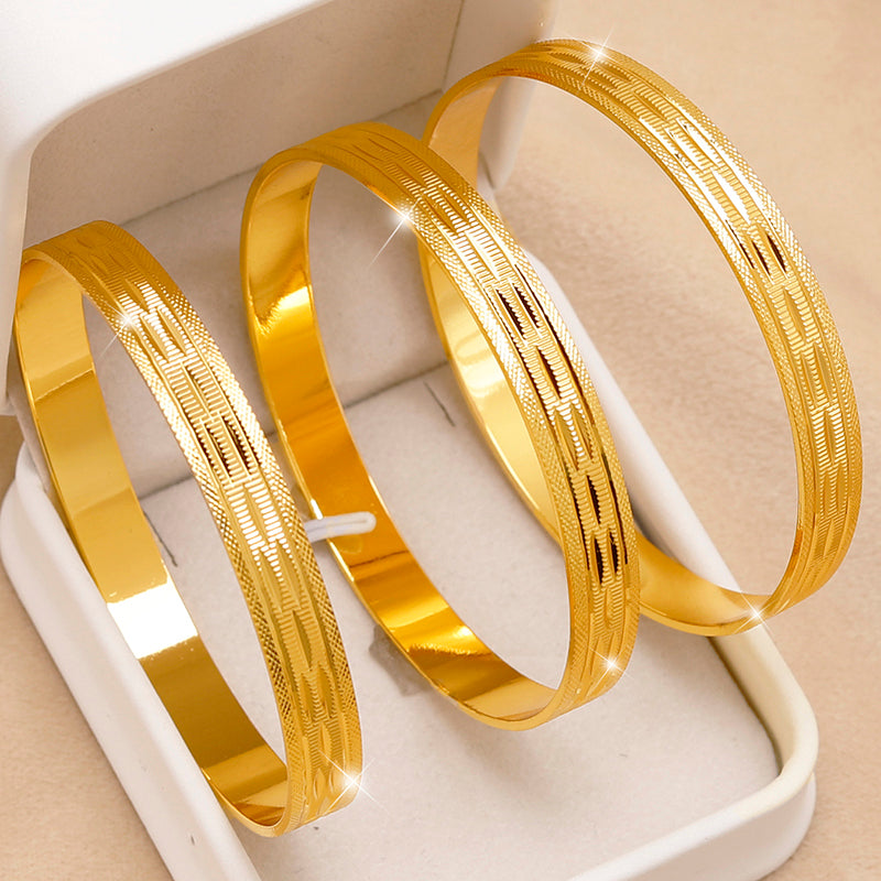 24K Gold Plated Stackable Bangles, Diamond-Cut Engraved Statement Bracelet Sets.
