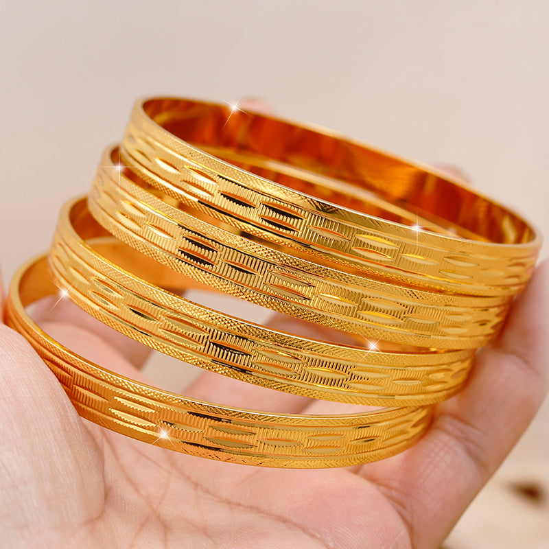 24K Gold Plated Stackable Bangles, Diamond-Cut Engraved Statement Bracelet Sets.
