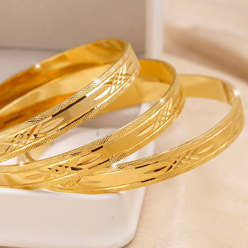 24K Gold Plated Stackable Bangles, Diamond-Cut Engraved Statement Bracelet Sets.