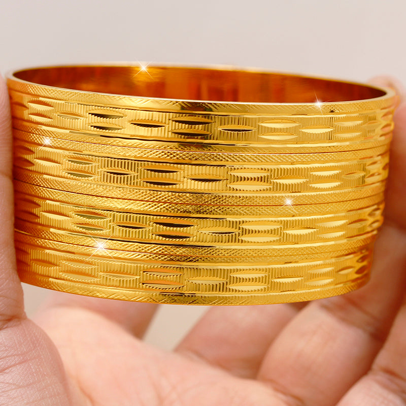 24K Gold Plated Stackable Bangles, Diamond-Cut Engraved Statement Bracelet Sets.