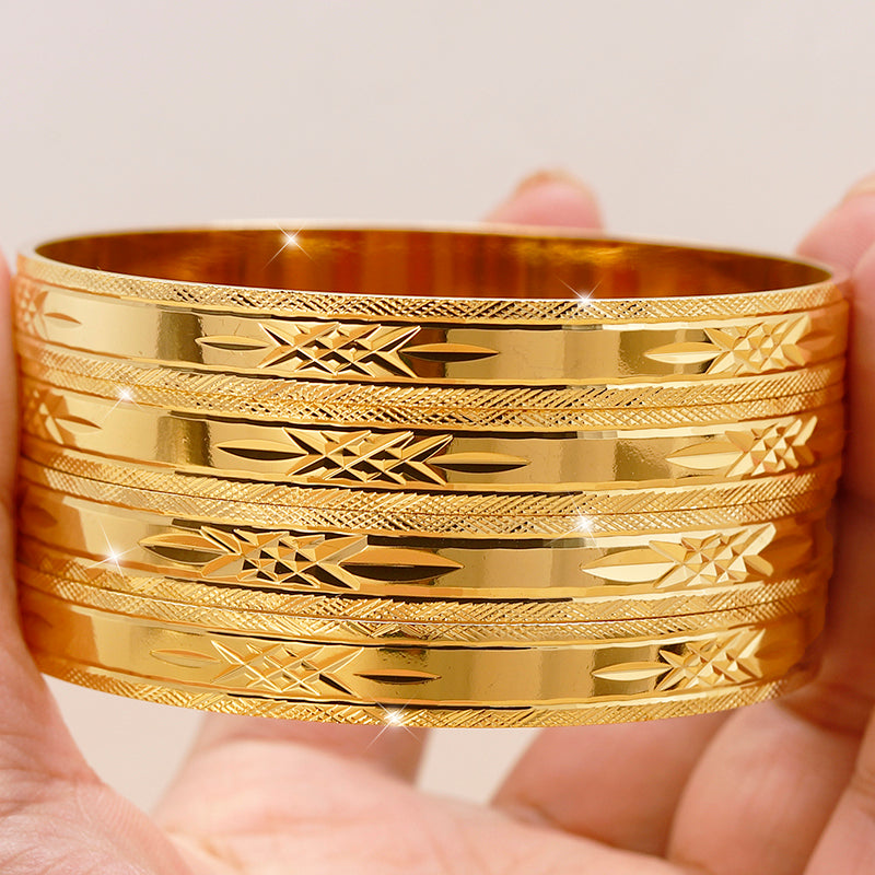 24K Gold Plated Stackable Bangles, Diamond-Cut Engraved Statement Bracelet Sets.