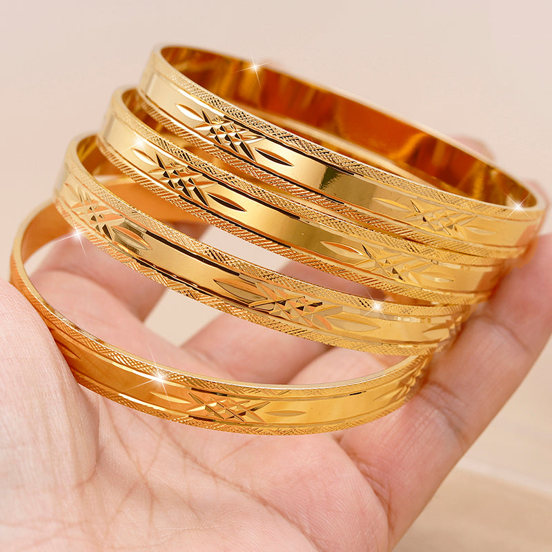 24K Gold Plated Stackable Bangles, Diamond-Cut Engraved Statement Bracelet Sets.