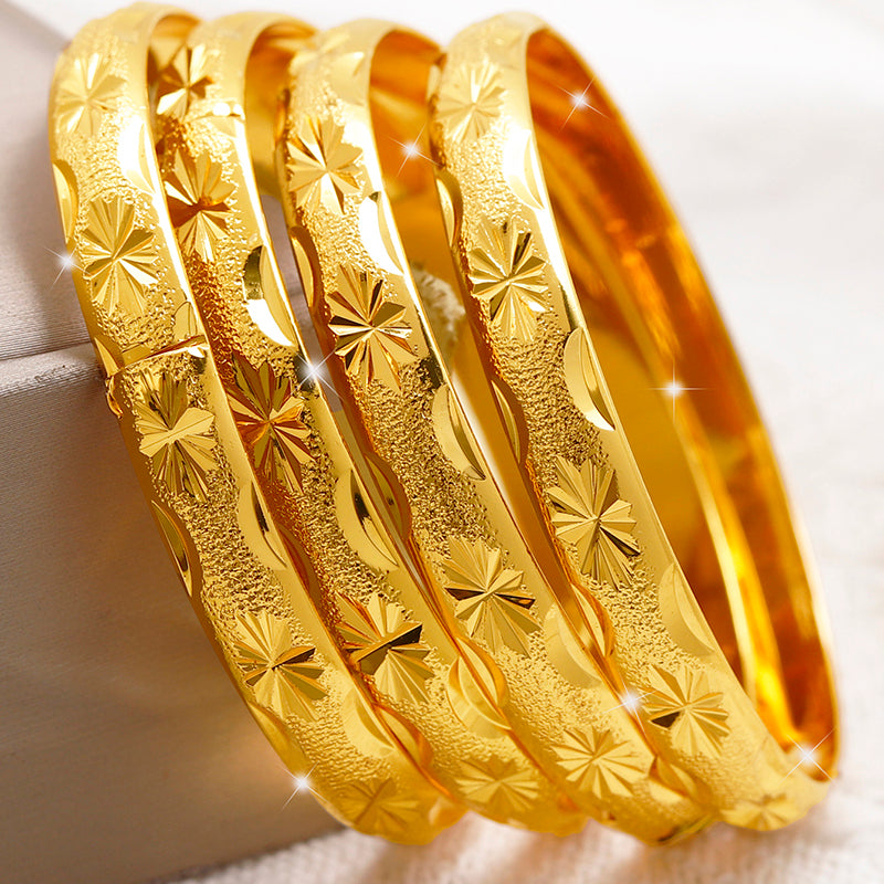 24K Gold Plated Stackable Bangles, Diamond-Cut Engraved Statement Bracelet Sets.