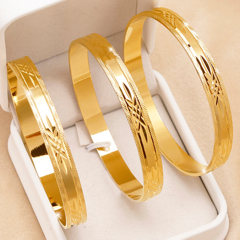 24K Gold Plated Stackable Bangles, Diamond-Cut Engraved Statement Bracelet Sets.