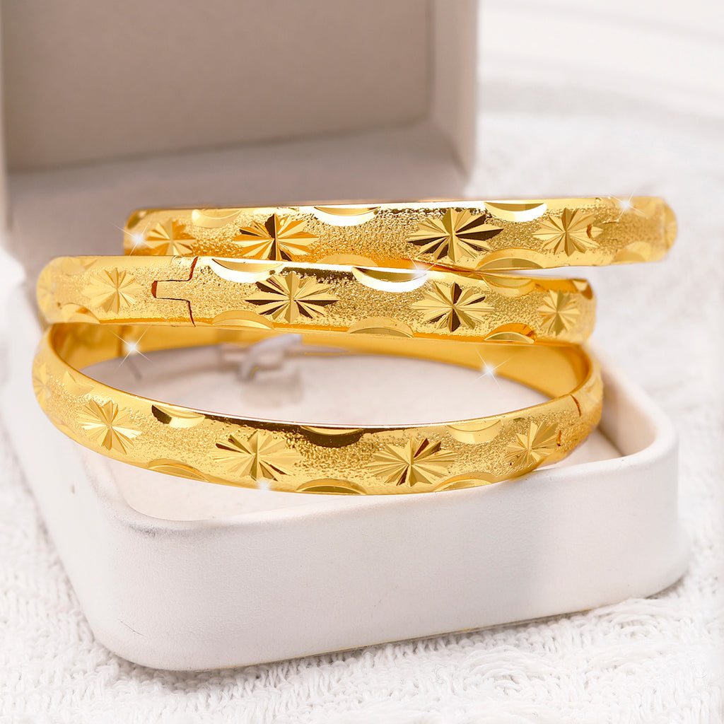 24K Gold Plated Stackable Bangles, Diamond-Cut Engraved Statement Bracelet Sets.